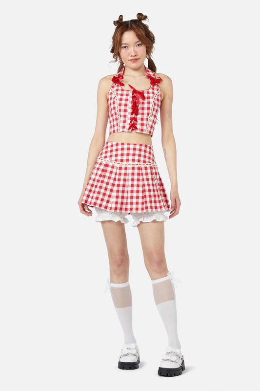 Image of a model wearing Skirts. Productname: Jam Gingham Bloomer Skort in Red colour by brand - Dangerfield