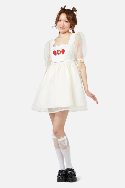 Image of a model wearing Dress. Productname: Alfresco Babydoll Dress in Cream colour by brand - Dangerfield