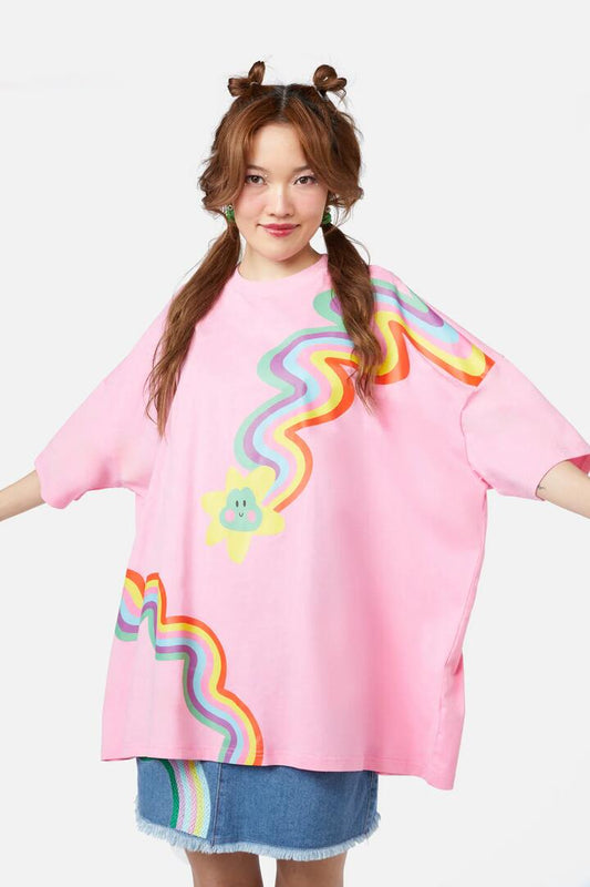 Image of a model wearing Tops. Productname: Rainbow Froggy Os Tee in Pink colour by brand - Dangerfield