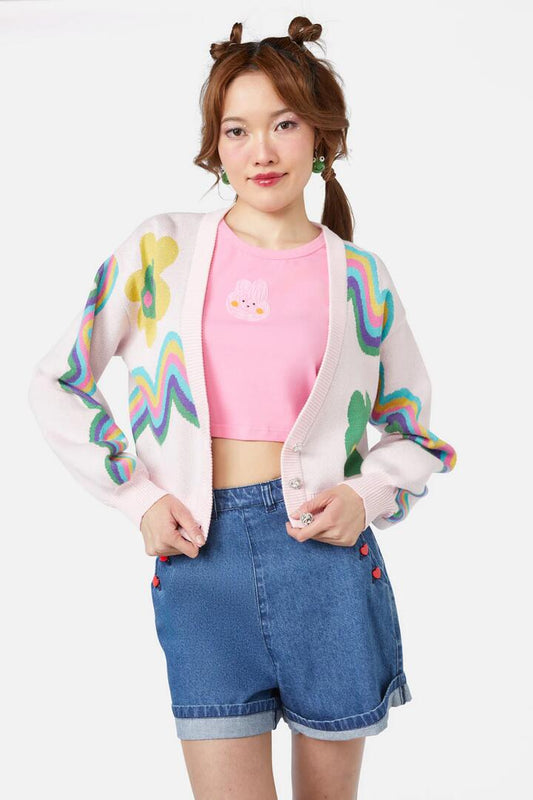 Image of a model wearing Outerwear. Productname: Idolize Patch Cardi in Pink colour by brand - Dangerfield