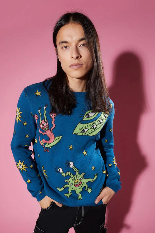 Image of a model wearing Tops. Productname: UFO Special Delivery Knit in Navy colour by brand - Dangerfield