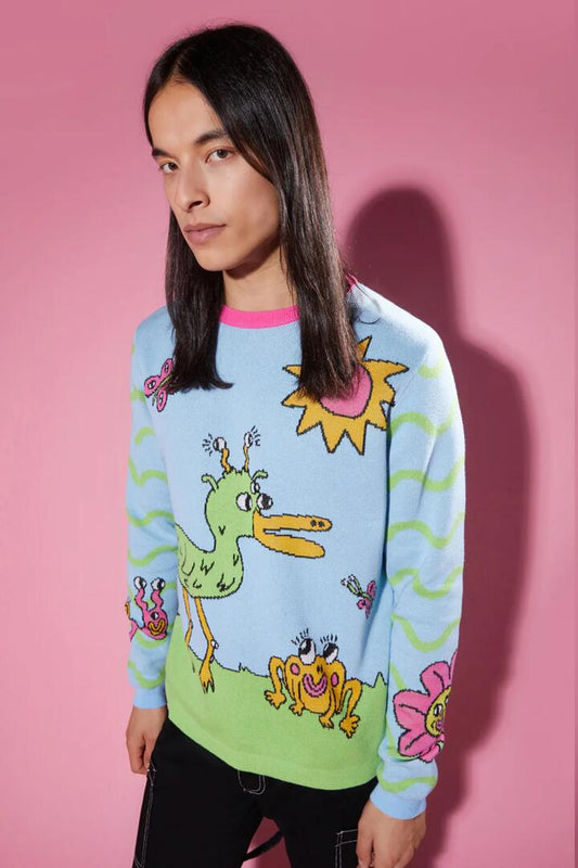 Image of a model wearing Tops. Productname: Ducking Awesome Knit in Blue colour by brand - Dangerfield