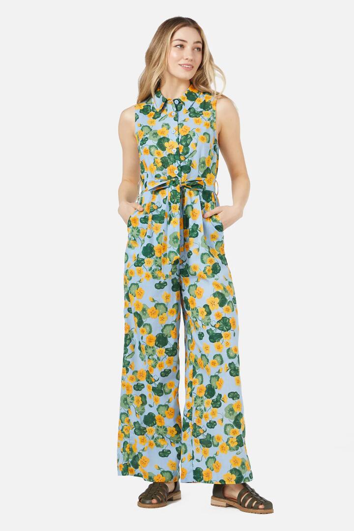 Image of a model wearing Outerwear. Productname: Nasturtium Jumpsuit in Blue colour by brand - Princess Highway