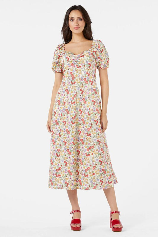 Image of a model wearing Dress. Productname: Ella Flora Midi Dress in Cream colour by brand - Princess Highway