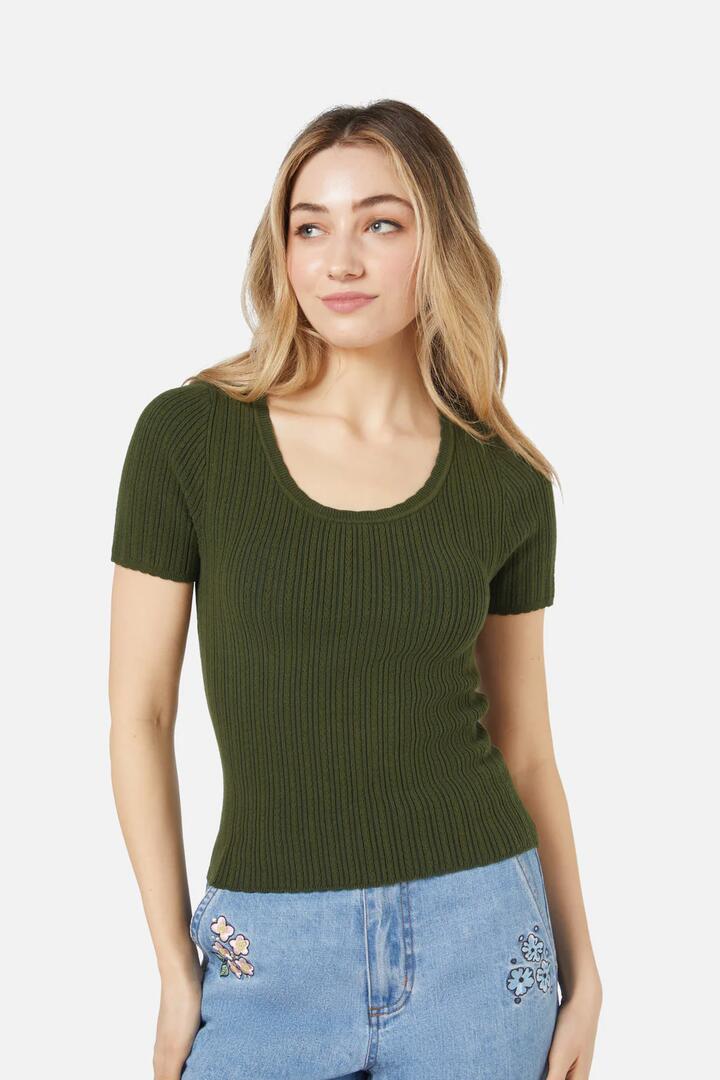 Image of a model wearing Tops. Productname: Pia Knit Top in Olive colour by brand - Princess Highway