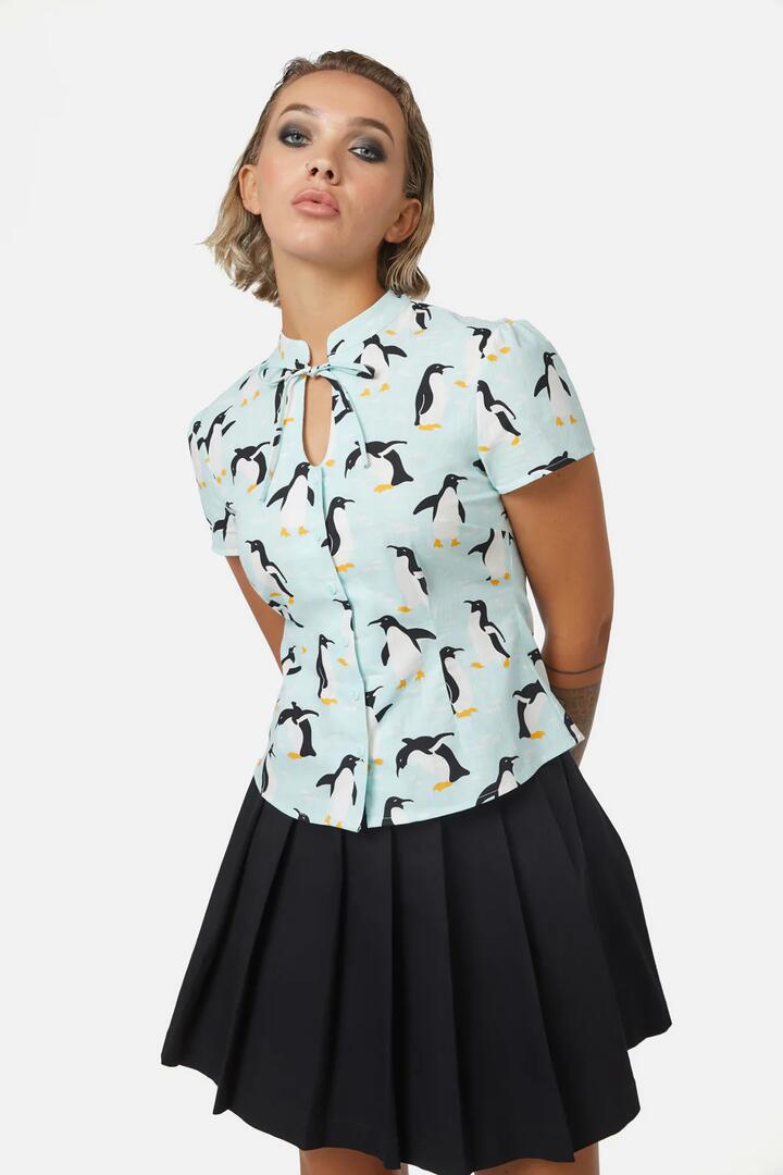 Image of a model wearing Tops. Productname: Penguin Blouse in Blue colour by brand - Dangerfield