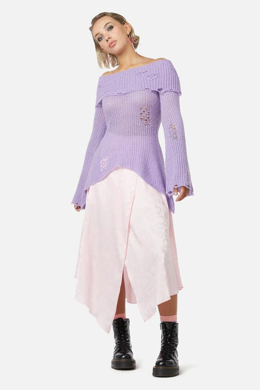 Image of a model wearing Tops. Productname: Unclear New World Knit Top in Purple colour by brand - Dangerfield