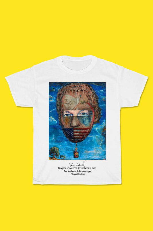 Image of a model wearing Tops. Productname: Shaun Gladwell's Assange in White colour by brand - Pulp Kitchen
