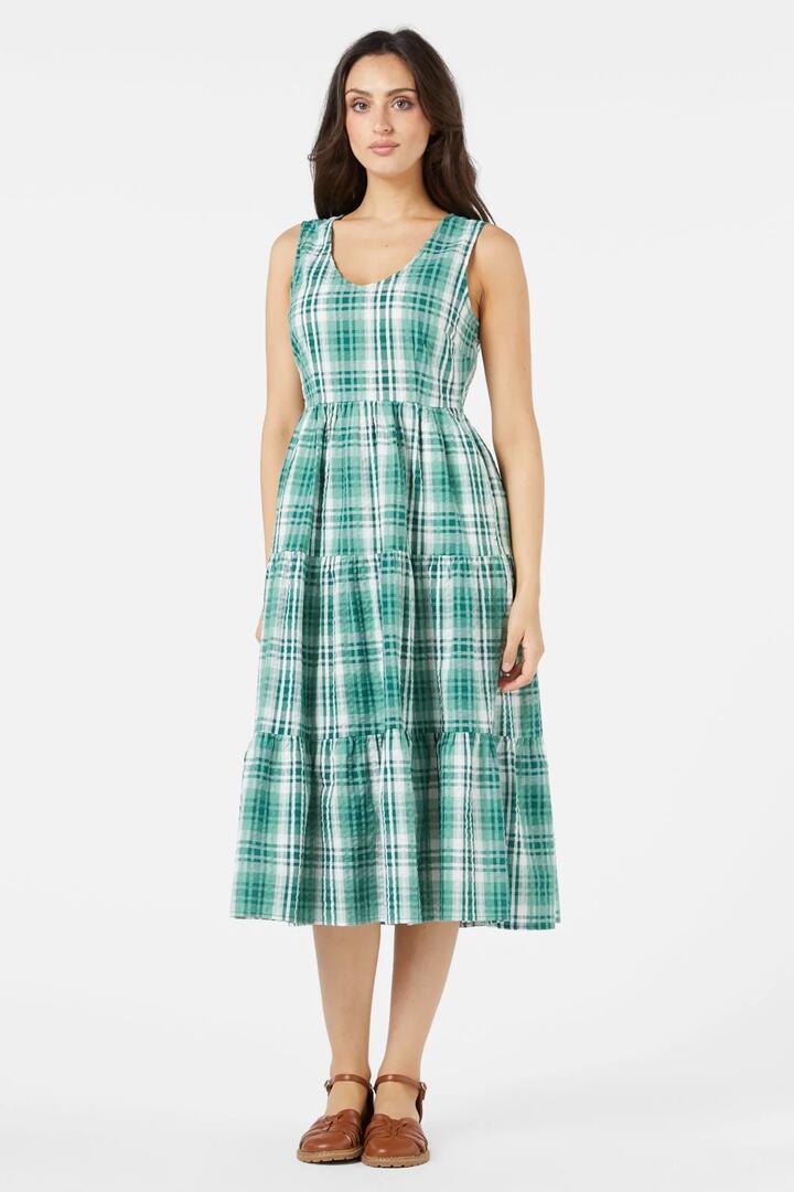 Image of a model wearing Dress. Productname: Andie Check Midi Dress in Green colour by brand - Princess Highway