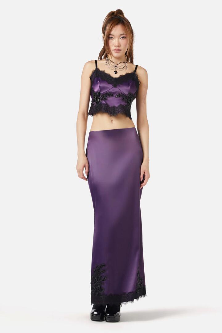 Image of a model wearing Skirts. Productname: Keepsake Satin Skirt in Purple colour by brand - Dangerfield