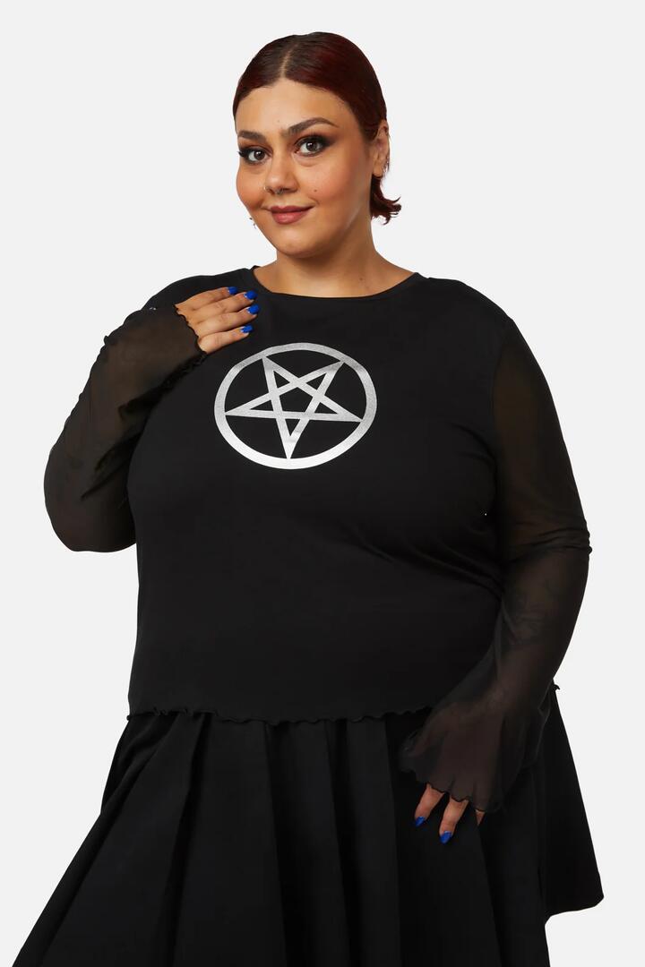 Image of a model wearing Tops. Productname: Curve Pentagram Contrast Mesh Top in Black colour by brand - Dangerfield