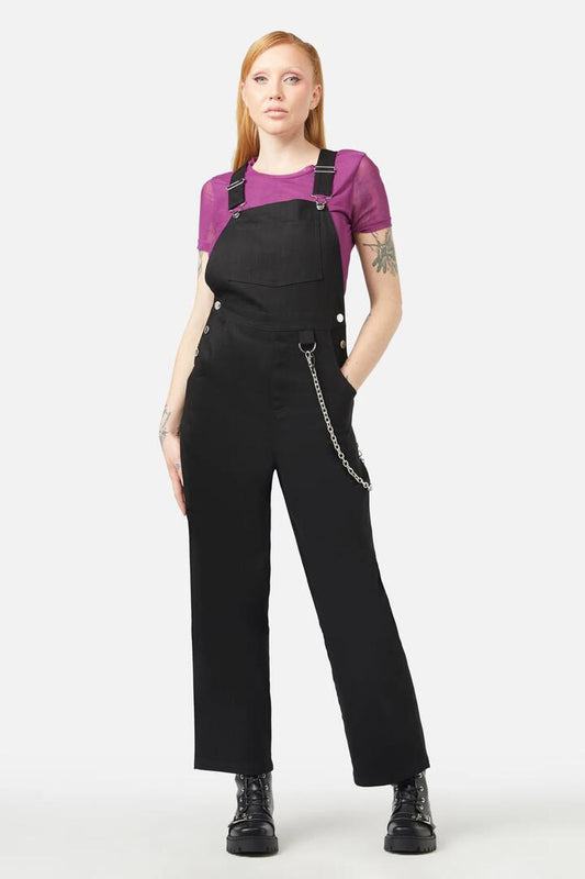 Image of a model wearing Pants. Productname: Slayer Overalls in Black colour by brand - Dangerfield