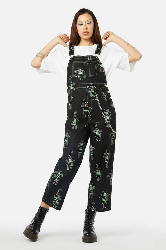 Image of a model wearing Pants. Productname: Peculiar Puss Overalls in Black colour by brand - Dangerfield
