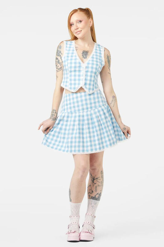 Image of a model wearing Tops. Productname: Catrina Gingham Vest in Blue colour by brand - Dangerfield