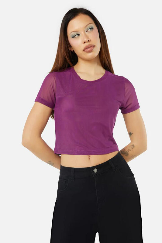 Image of a model wearing Tops. Productname: Night Sky Mesh Top in Purple colour by brand - Dangerfield