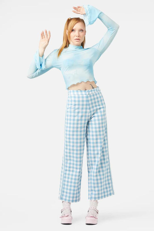 Image of a model wearing Pants. Productname: Catrina Gingham Pants in Blue colour by brand - Dangerfield