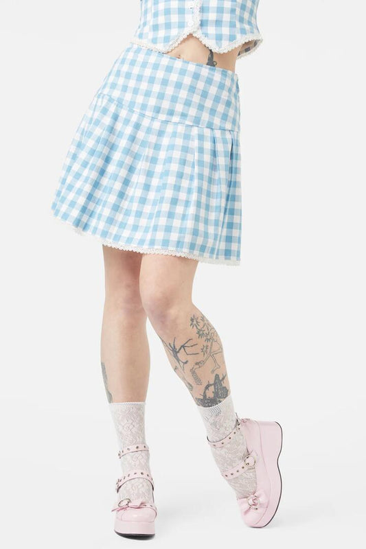 Image of a model wearing Skirts. Productname: Catrina Gingham Skirt in Blue colour by brand - Dangerfield