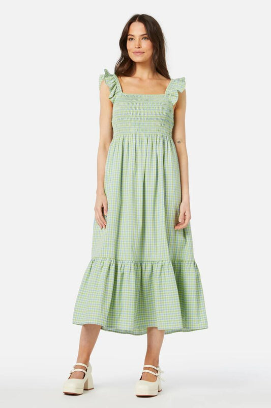 Image of a model wearing Dress. Productname: Spring Check Midi Dress in Green colour by brand - Princess Highway