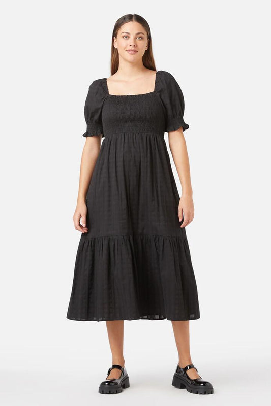 Image of a model wearing Dress. Productname: Angelica Midi Dress in Black colour by brand - Princess Highway