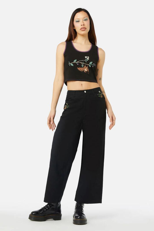 Image of a model wearing Tops. Productname: Old World Embroidered Tank in Black colour by brand - Dangerfield