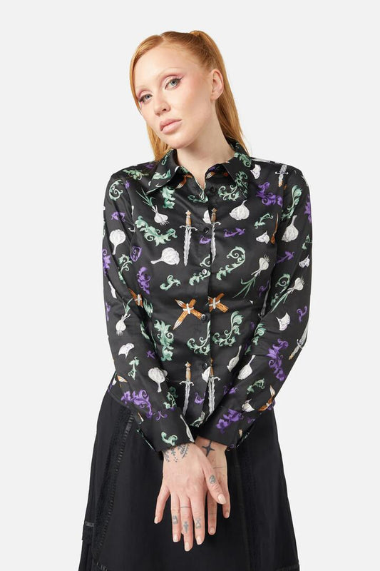 Image of a model wearing Tops. Productname: Slayer Blouse in Black colour by brand - Dangerfield