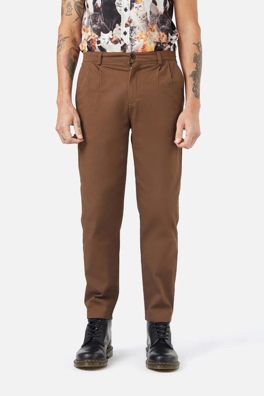 Image of a model wearing Pants. Productname: Catnip Straight Leg Pant in Brown colour by brand - Dangerfield
