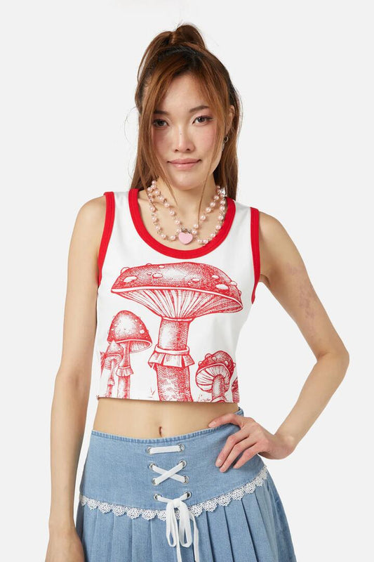 Image of a model wearing Tops. Productname: Field Shroom Printed Tank in White/Red colour by brand - Dangerfield
