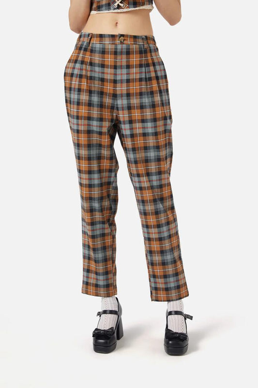 Image of a model wearing Pants. Productname: Kit Tartan Pants in Brown colour by brand - Dangerfield