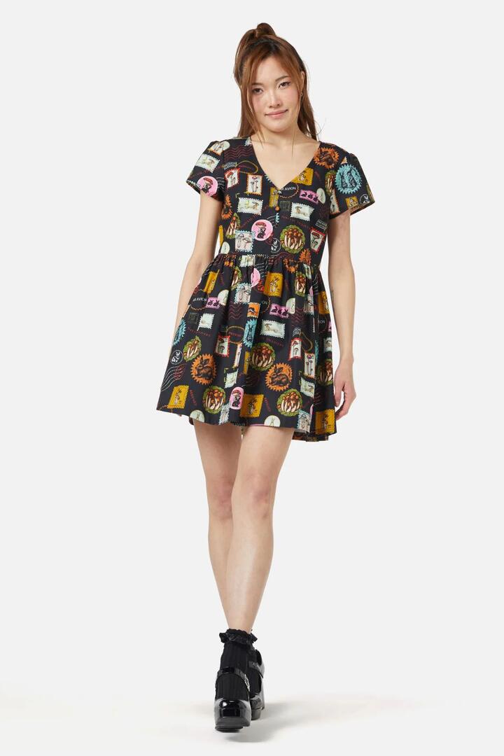 Image of a model wearing Dress. Productname: Old Postal Printed Dress in Multi colour by brand - Dangerfield