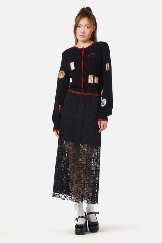 Image of a model wearing Outerwear. Productname: Old Postal Patch Cardi in Black colour by brand - Dangerfield