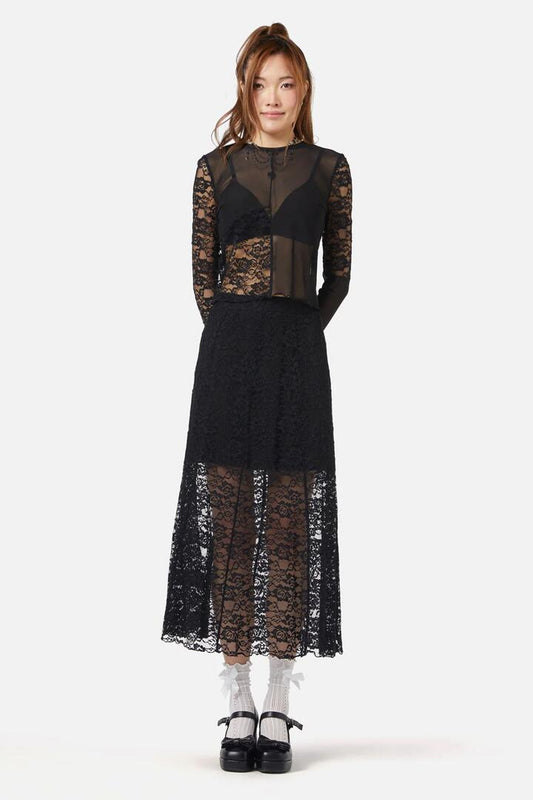 Image of a model wearing Skirts. Productname: Lace Midi Skirt in Black colour by brand - Dangerfield