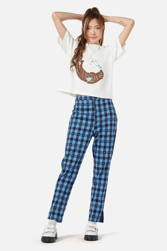 Image of a model wearing Pants. Productname: Clams Pant in Blue/Black colour by brand - Dangerfield