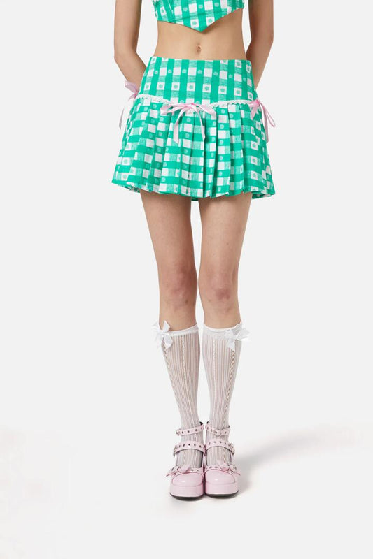 Image of a model wearing Skirts. Productname: Crush On U Gingham Lacey Skort in Green/White colour by brand - Dangerfield