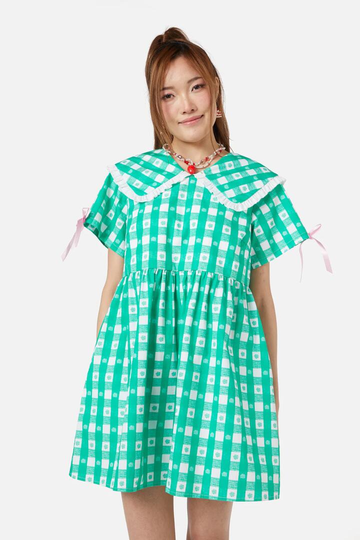 Image of a model wearing Dress. Productname: Crush On U Gingham Babydoll Dress in Green/White colour by brand - Dangerfield