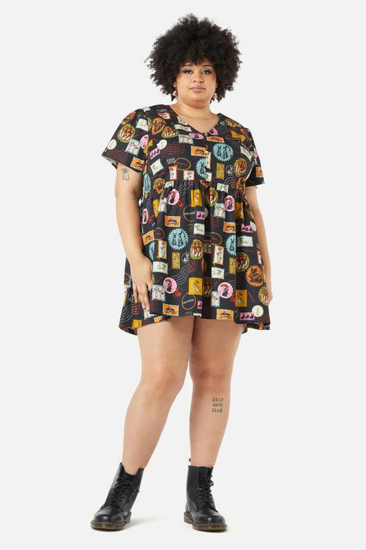 Image of a model wearing Dress. Productname: Curve Old Postal Printed Dress in Multi colour by brand - Dangerfield