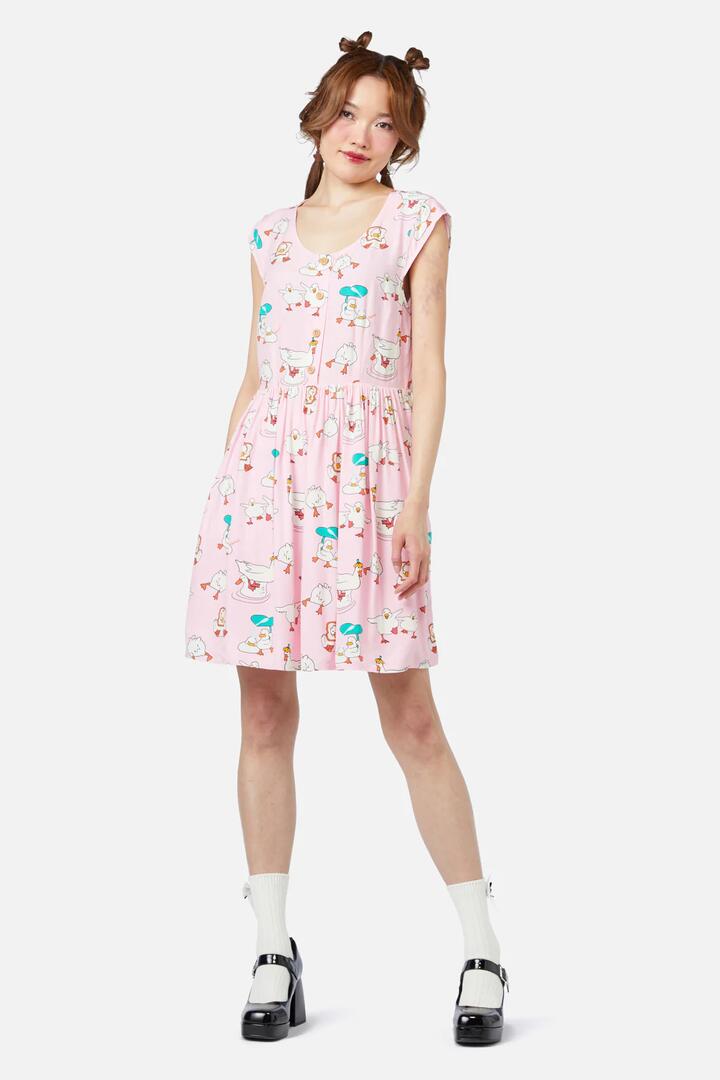 Image of a model wearing Dress. Productname: Puddle Duck Dress in Pink colour by brand - Dangerfield