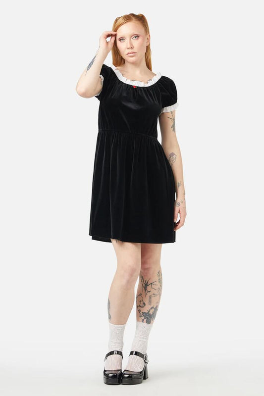 Image of a model wearing Dress. Productname: Discord Velvet Mini Dress in Black colour by brand - Dangerfield