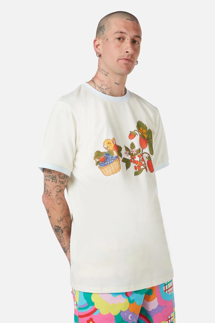 Image of a model wearing Tops. Productname: Snail & Mouse Tee in Cream colour by brand - Dangerfield