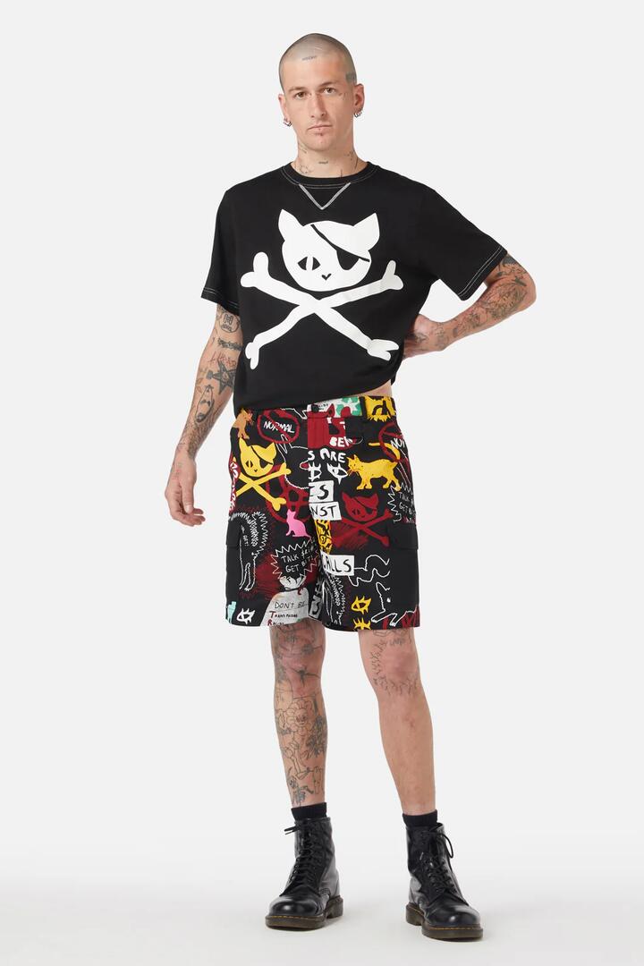 Image of a model wearing Shorts. Productname: Kitty Riot Cargo Short in Black/Multi colour by brand - Black Friday