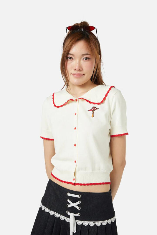 Image of a model wearing Tops. Productname: Field Shroom Knit Top in Cream colour by brand - Dangerfield