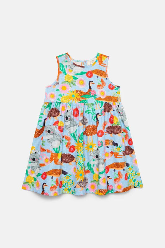 Image of a model wearing Dress. Productname: Koala Kids Smock Dress in Blue colour by brand - Princess Highway Kids