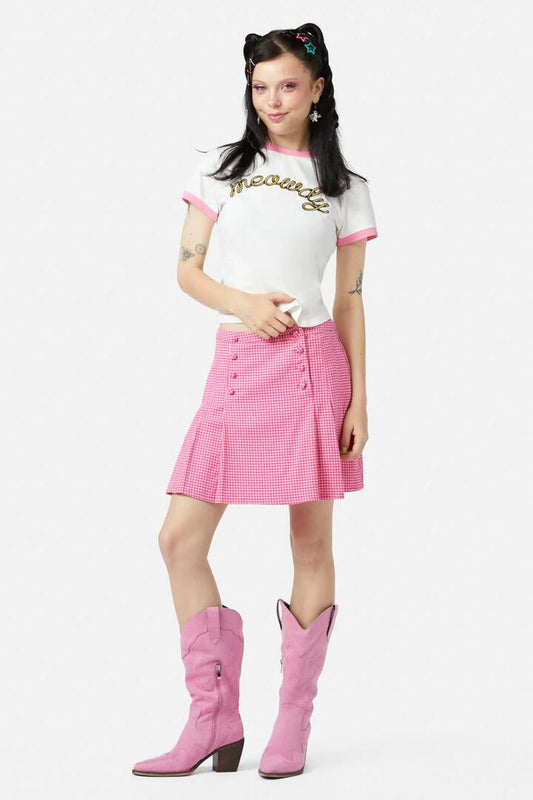 Image of a model wearing Skirts. Productname: Maybelle Houndstooth Skirt in Pink colour by brand - Dangerfield