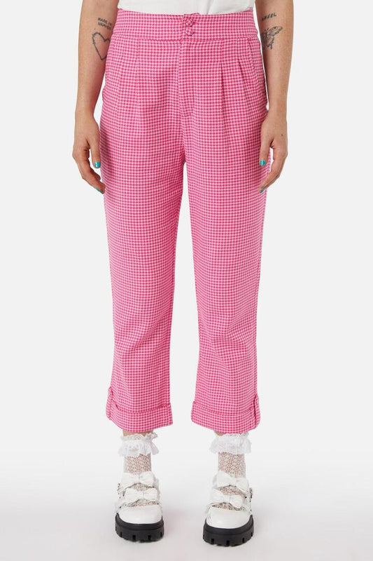 Image of a model wearing Pants. Productname: Maybelle Houndstooth Capris in Pink colour by brand - Dangerfield