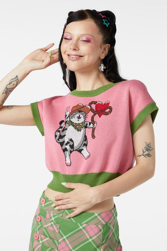 Image of a model wearing Tops. Productname: Ranch Knit Top in Pink colour by brand - Dangerfield