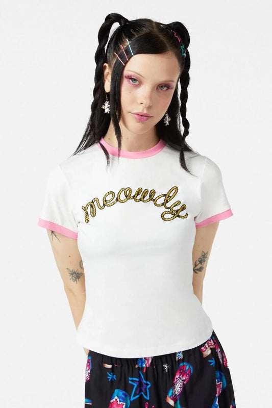 Image of a model wearing Tops. Productname: Meowdy Embroidered Tee in Cream colour by brand - Dangerfield