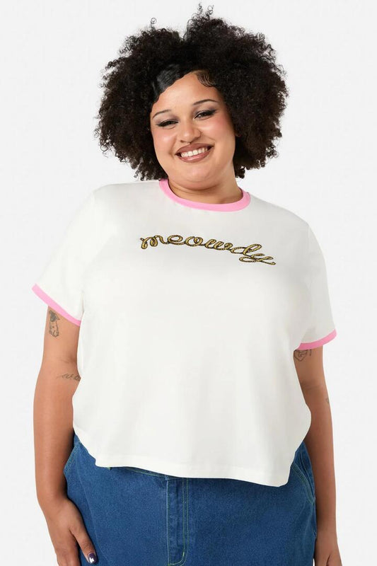 Image of a model wearing Tops. Productname: Curve Meowdy Embroidered Tee in Cream colour by brand - Dangerfield