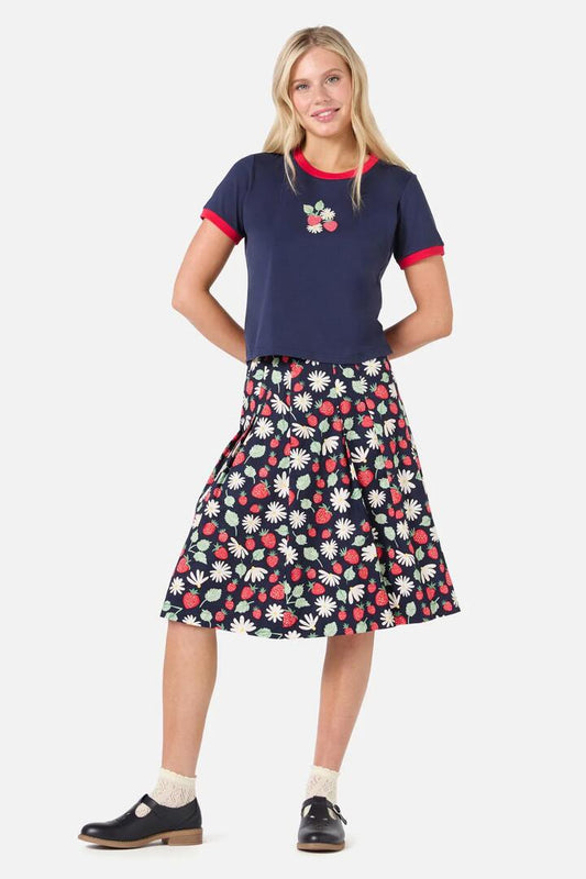 Image of a model wearing Tops. Productname: Strawberry Baby Tee in Navy colour by brand - Princess Highway