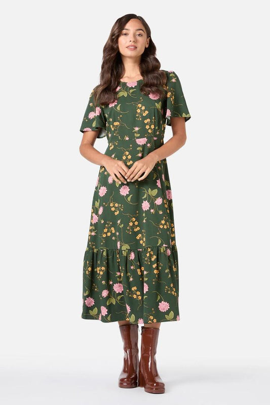 Image of a model wearing Dress. Productname: Esmerelda Floral Midi Dress in Green colour by brand - Princess Highway