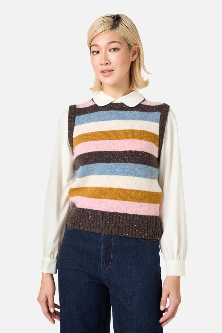 Image of a model wearing Tops. Productname: Aurora Stripe Knit Vest in Multi colour by brand - Princess Highway