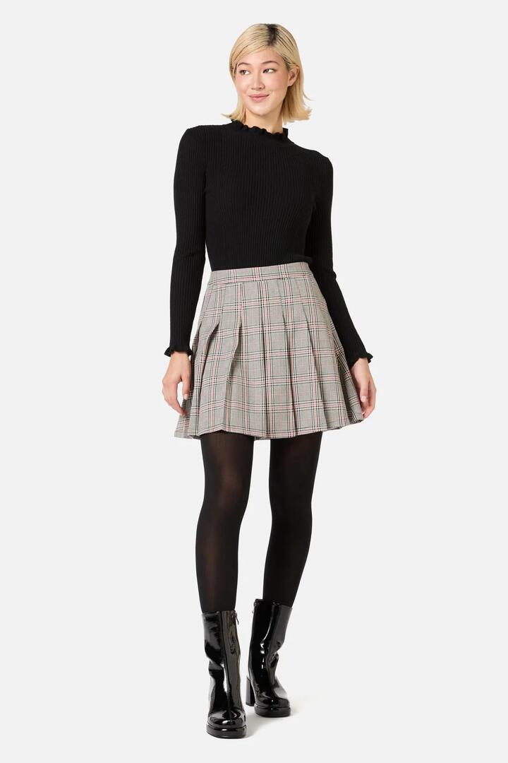 Image of a model wearing Skirts. Productname: Joe Check Pleated Mini Skirt in Black/Red colour by brand - Princess Highway